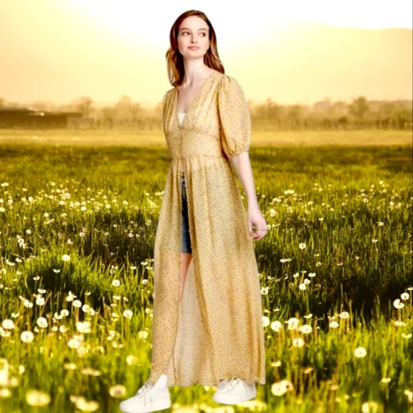 #R Womens Floral Button Front Duster Kimono Prairie Dress Large Yellow & Tan - Picture 2 of 6